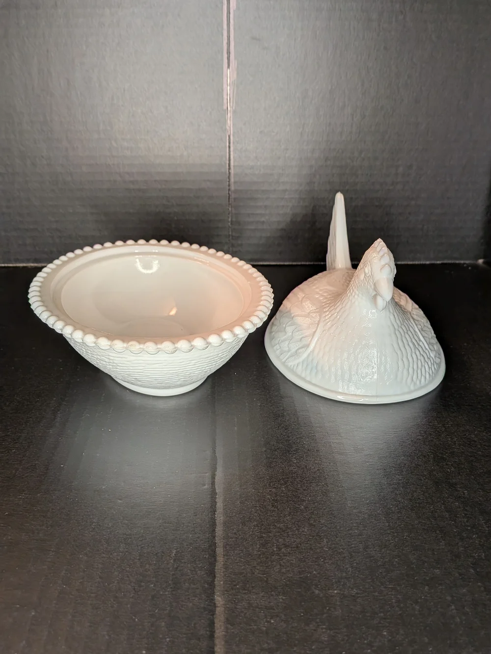 Vintage Indiana White Milk Glass Hen on Nest Covered Dish Beaded Edge Glossy